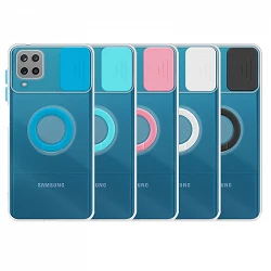 Coque Transparente Samsung Galaxy A12 avec Anneau et Cache Caméra 5 Couleurs