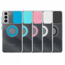 Coque Transparente Samsung Galaxy S21 avec Anneau et Cache Caméra 5 Couleurs