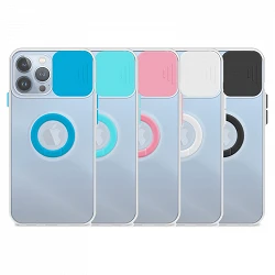 Coque iPhone 13 Pro transparente avec anneau et cache appareil photo 5 couleurs