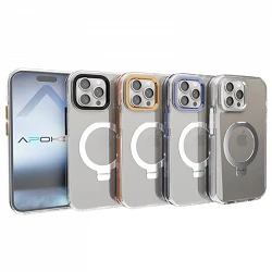 Coque transparente premium avec support en aluminium pour iPhone 15 Pro Max 4 couleurs