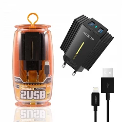 Chargeur Moxom HC-11 Dual USB Auto ID 2.4A rouge + câble Lightning