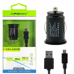 (Boîte 240) APOKIN 2 Chargeurs Voiture USB 2.1A + Câble microUSB 1 Mètre - Noir