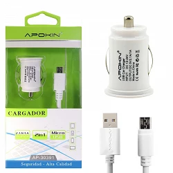 (Caja 240) Cargadores Coche 2 USB 2.1A APOKIN + Cable microUSB de 1 Metro - Blanco