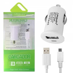 (Caja 240) Cargador Coche APOKIN 1A + Cable microUSB de 1 Metro - Blanco